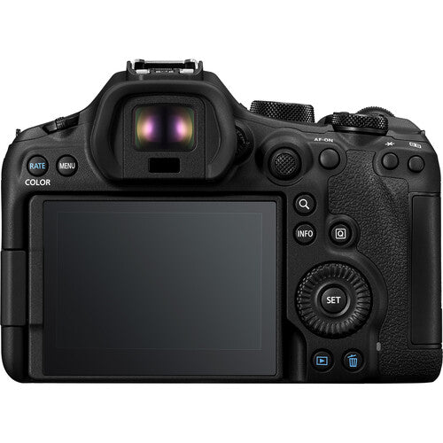 Black camera body with control buttons on a white background