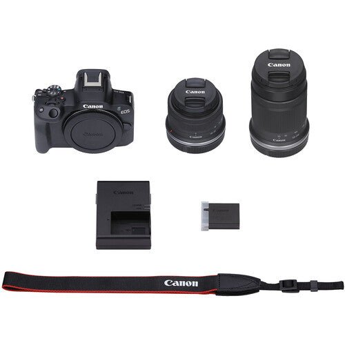 طقم Canon EOS R50 (18 - 45) (55 - 210) أسود (مع محول) - كاميرات eBphotovideo بدون مرايا
