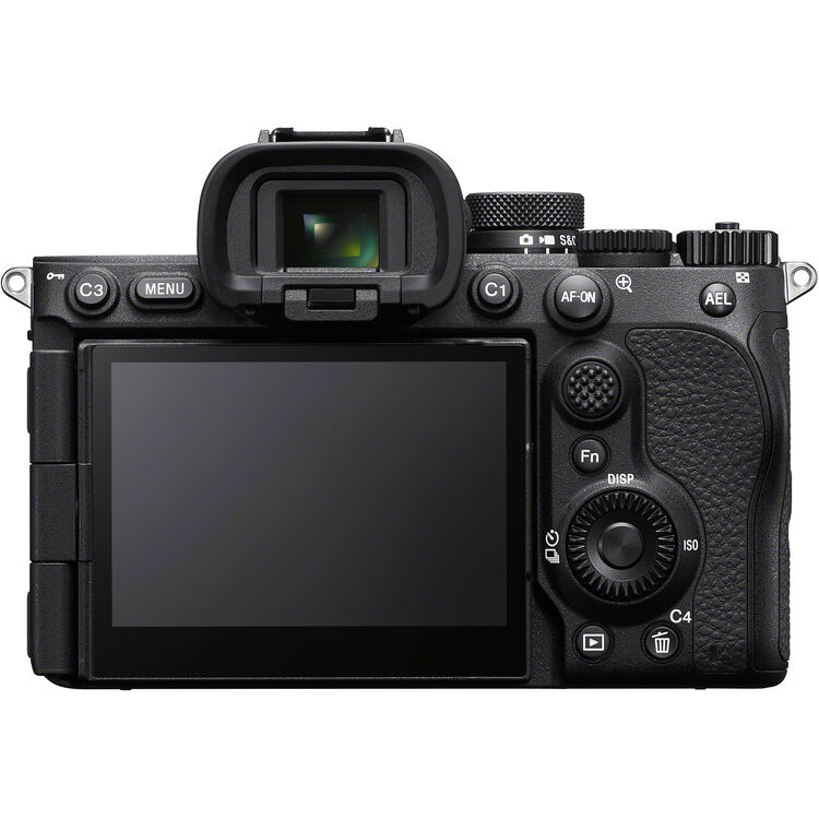 Sony a7V rear view featuring the 4-axis multi-angle LCD screen and 9.44m-dot EVF for professional cinematography.