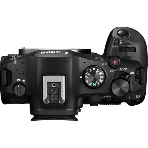 Top view of a black camera body on a white background